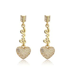 Gold tone Love Heart Drop Earrings with Pave Crystals